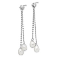 Sterling Silver Rhodium-plated 6-7mm White Rice Freshwater Cultured Pearl and CZ Post Dangle Earrings view 2