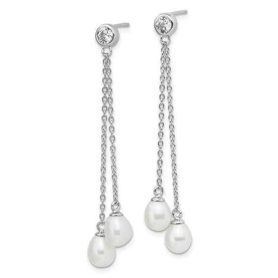 Sterling Silver Rhodium-plated 6-7mm White Rice Freshwater Cultured Pearl and CZ Post Dangle Earrings