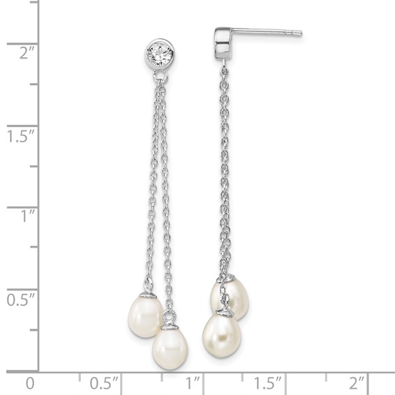 Sterling Silver Rhodium-plated 6-7mm White Rice Freshwater Cultured Pearl and CZ Post Dangle Earrings