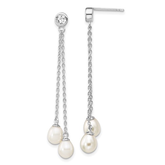 Sterling Silver Rhodium-plated 6-7mm White Rice Freshwater Cultured Pearl and CZ Post Dangle Earrings
