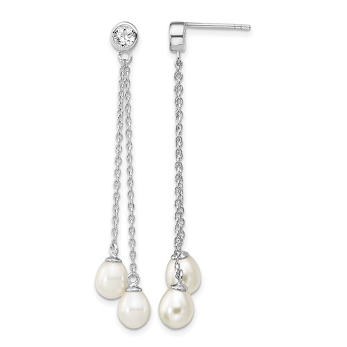 Sterling Silver Rhodium-plated 6-7mm White Rice Freshwater Cultured Pearl and CZ Post Dangle Earrings
