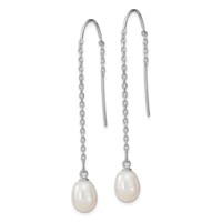 Sterling Silver Rhodium-plated 7-8mm White Teardrop Freshwater Cultured Pearl Threader Earrings view 2