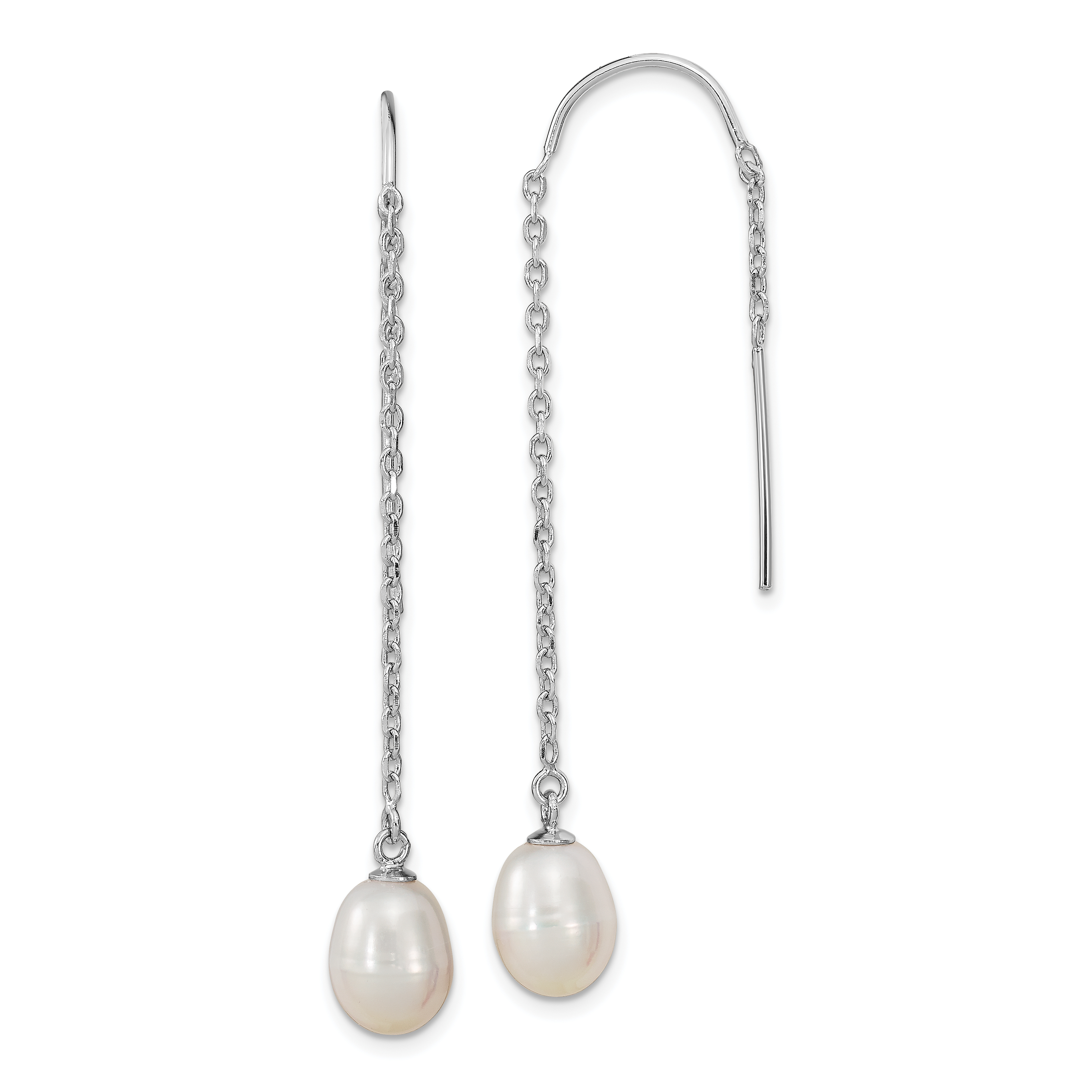 Sterling Silver Rhodium-plated 7-8mm White Teardrop Freshwater Cultured Pearl Threader Earrings (QE13854)