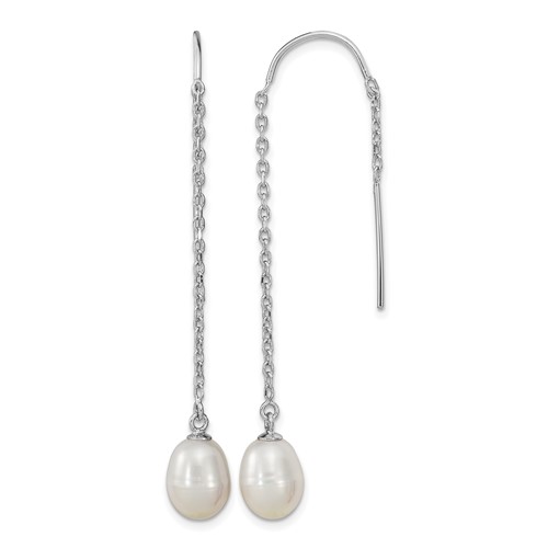 Sterling Silver Rhodium-plated 7-8mm White Teardrop Freshwater Cultured Pearl Threader Earrings