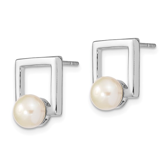 Sterling Silver Rhodium-plated 6-7mm White Button Freshwater Cultured Pearl Square Post Earrings