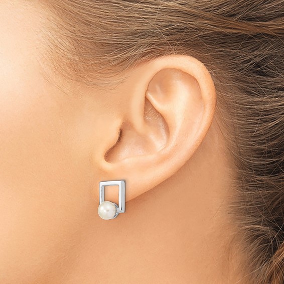 Sterling Silver Rhodium-plated 6-7mm White Button Freshwater Cultured Pearl Square Post Earrings
