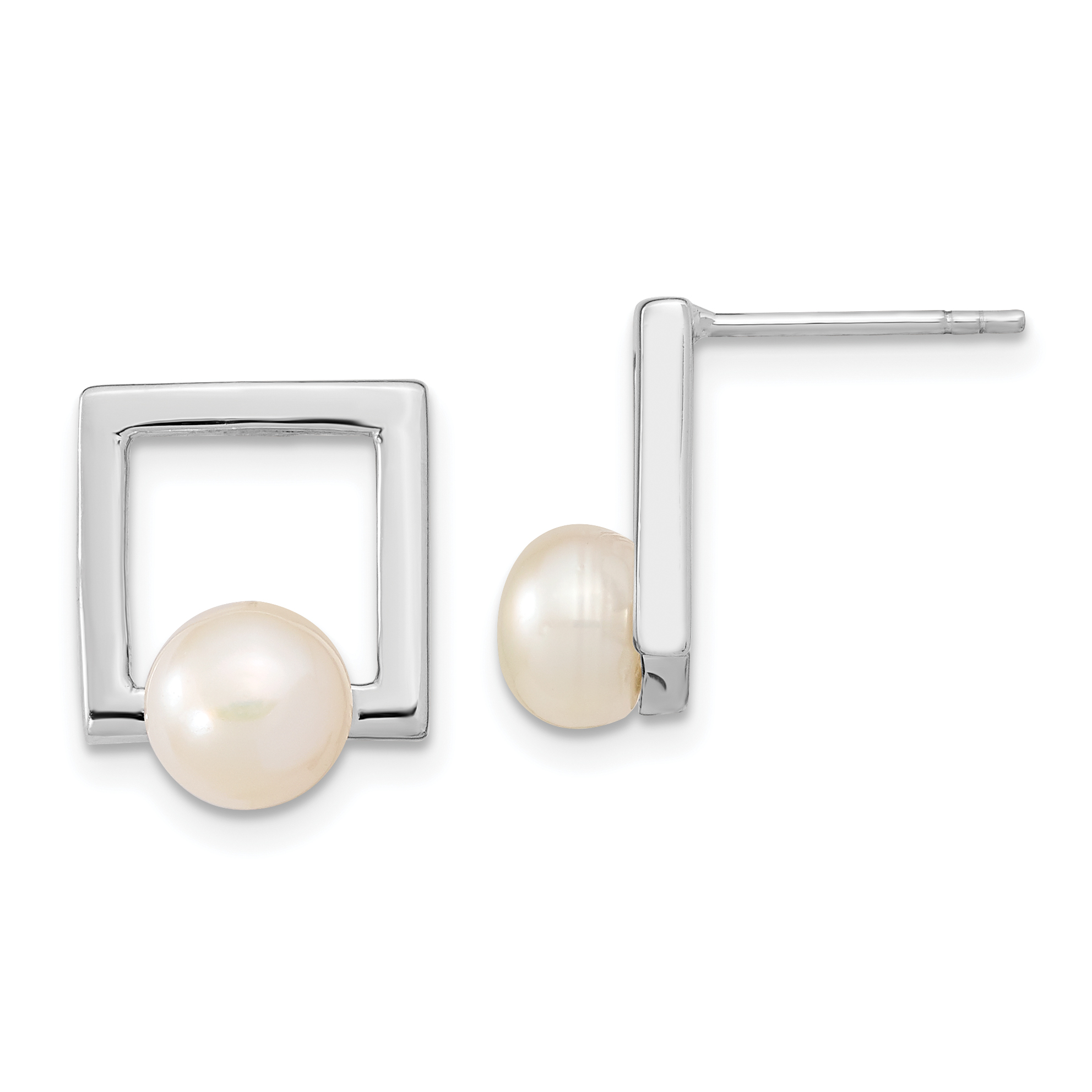 Sterling Silver Rhodium-plated 6-7mm White Button Freshwater Cultured Pearl Square Post Earrings (QE13856)