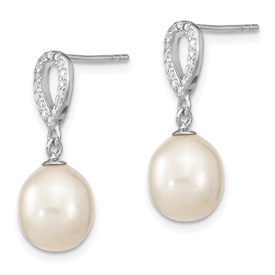 Sterling Silver Rhodium-plated 8-9mm White Rice Freshwater Cultured Pearl and CZ Post Dangle Earrings