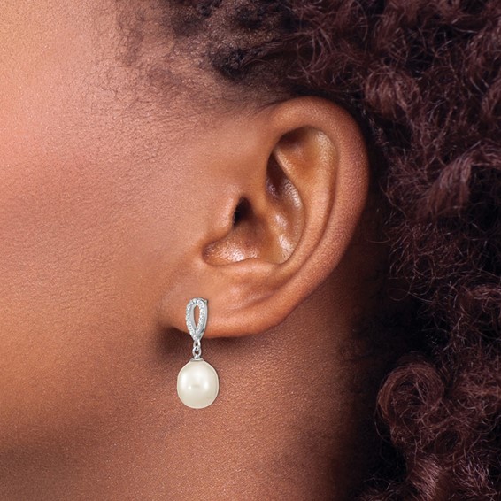 Sterling Silver Rhodium-plated 8-9mm White Rice Freshwater Cultured Pearl and CZ Post Dangle Earrings
