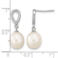 Sterling Silver Rhodium-plated 8-9mm White Rice Freshwater Cultured Pearl and CZ Post Dangle Earrings view 4