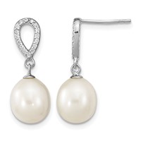 Sterling Silver Rhodium-plated 8-9mm White Rice Freshwater Cultured Pearl and CZ Post Dangle Earrings view 1