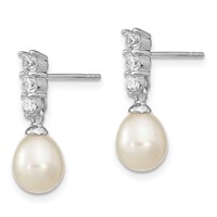 Sterling Silver Rhodium-plated 7-8mm White Rice Freshwater Cultured Pearl and CZ Post Dangle Earrings view 2