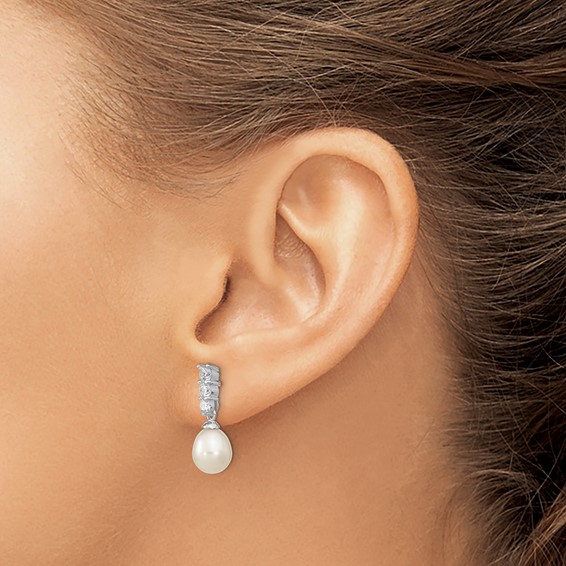 Sterling Silver Rhodium-plated 7-8mm White Rice Freshwater Cultured Pearl and CZ Post Dangle Earrings