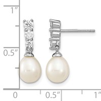 Sterling Silver Rhodium-plated 7-8mm White Rice Freshwater Cultured Pearl and CZ Post Dangle Earrings view 4