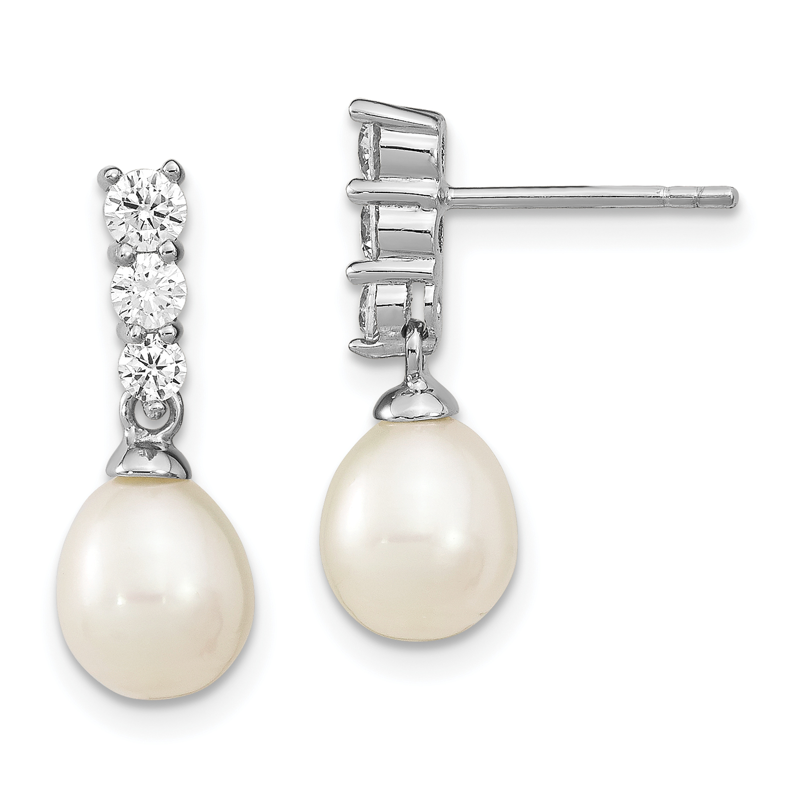 Sterling Silver Rhodium-plated 7-8mm White Rice Freshwater Cultured Pearl and CZ Post Dangle Earrings (QE13859)