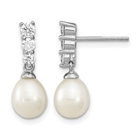 Sterling Silver Rhodium-plated 7-8mm White Rice Freshwater Cultured Pearl and CZ Post Dangle Earrings view 1