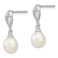 Sterling Silver Rhodium-plated 7-8mm White Rice Freshwater Cultured Pearl Post Dangle Earrings view 2