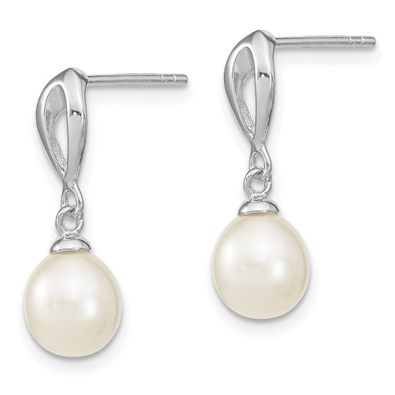 Sterling Silver Rhodium-plated 7-8mm White Rice Freshwater Cultured Pearl Post Dangle Earrings