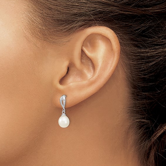 Sterling Silver Rhodium-plated 7-8mm White Rice Freshwater Cultured Pearl Post Dangle Earrings