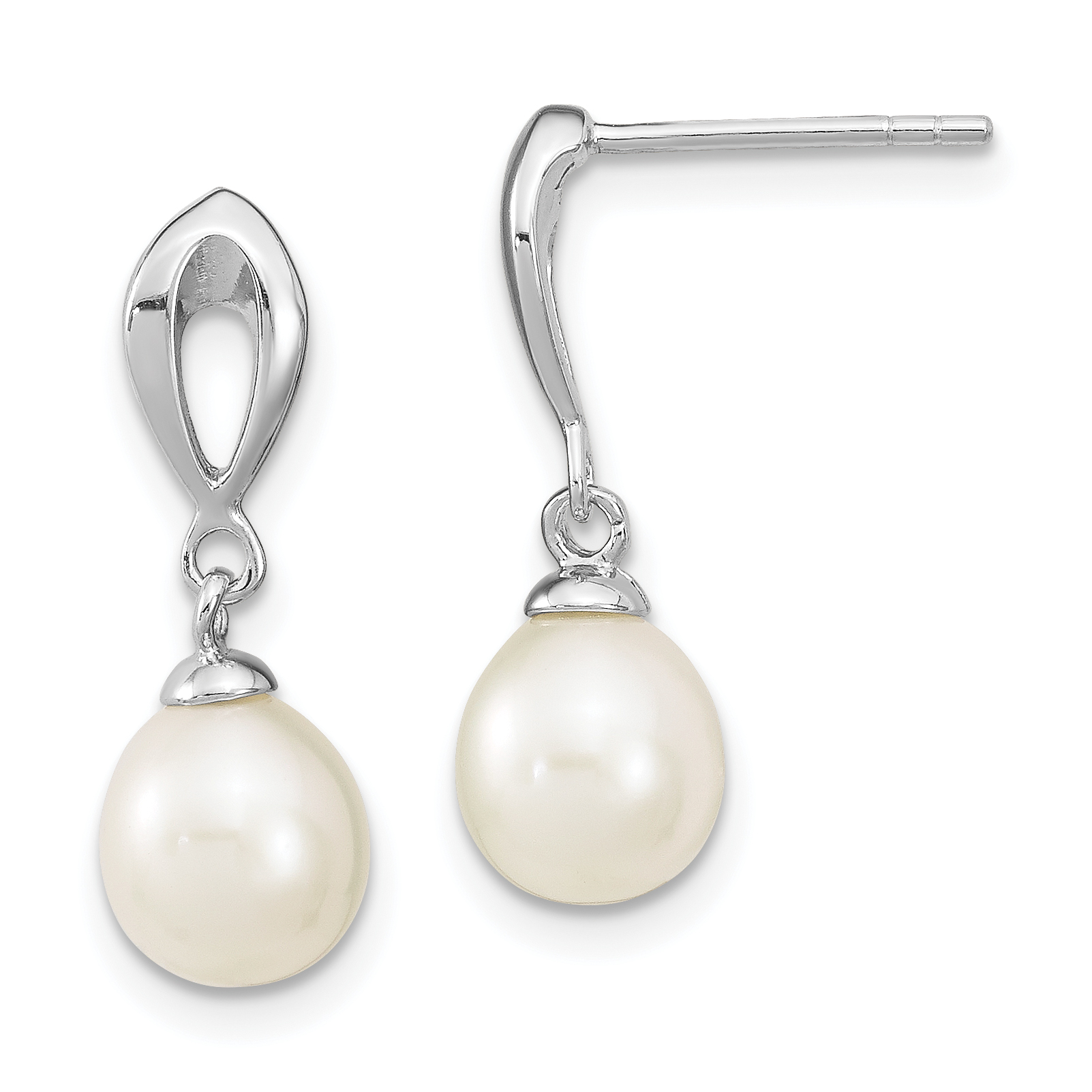 Sterling Silver Rhodium-plated 7-8mm White Rice Freshwater Cultured Pearl Post Dangle Earrings (QE13861)