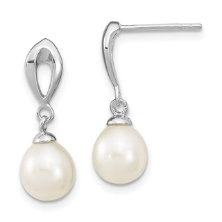 Sterling Silver Rhodium-plated 7-8mm White Rice Freshwater Cultured Pearl Post Dangle Earrings