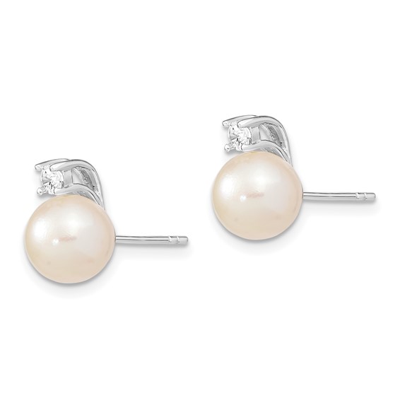 Sterling Silver Rhodium-plated 8-9mm White Semi-Round Freshwater Cultured Pearl and CZ Post Earrings