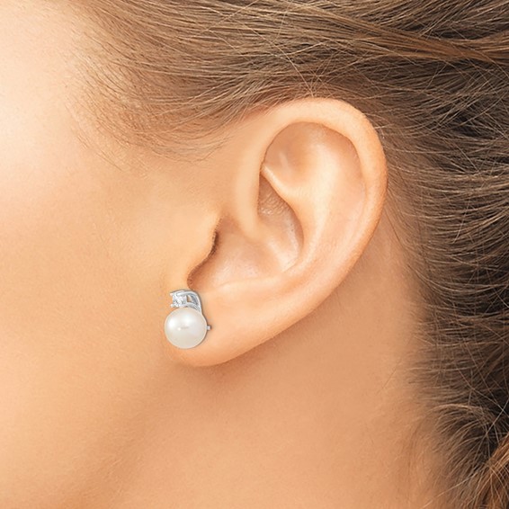 Sterling Silver Rhodium-plated 8-9mm White Semi-Round Freshwater Cultured Pearl and CZ Post Earrings