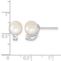 Sterling Silver Rhodium-plated 8-9mm White Semi-Round Freshwater Cultured Pearl and CZ Post Earrings view 4