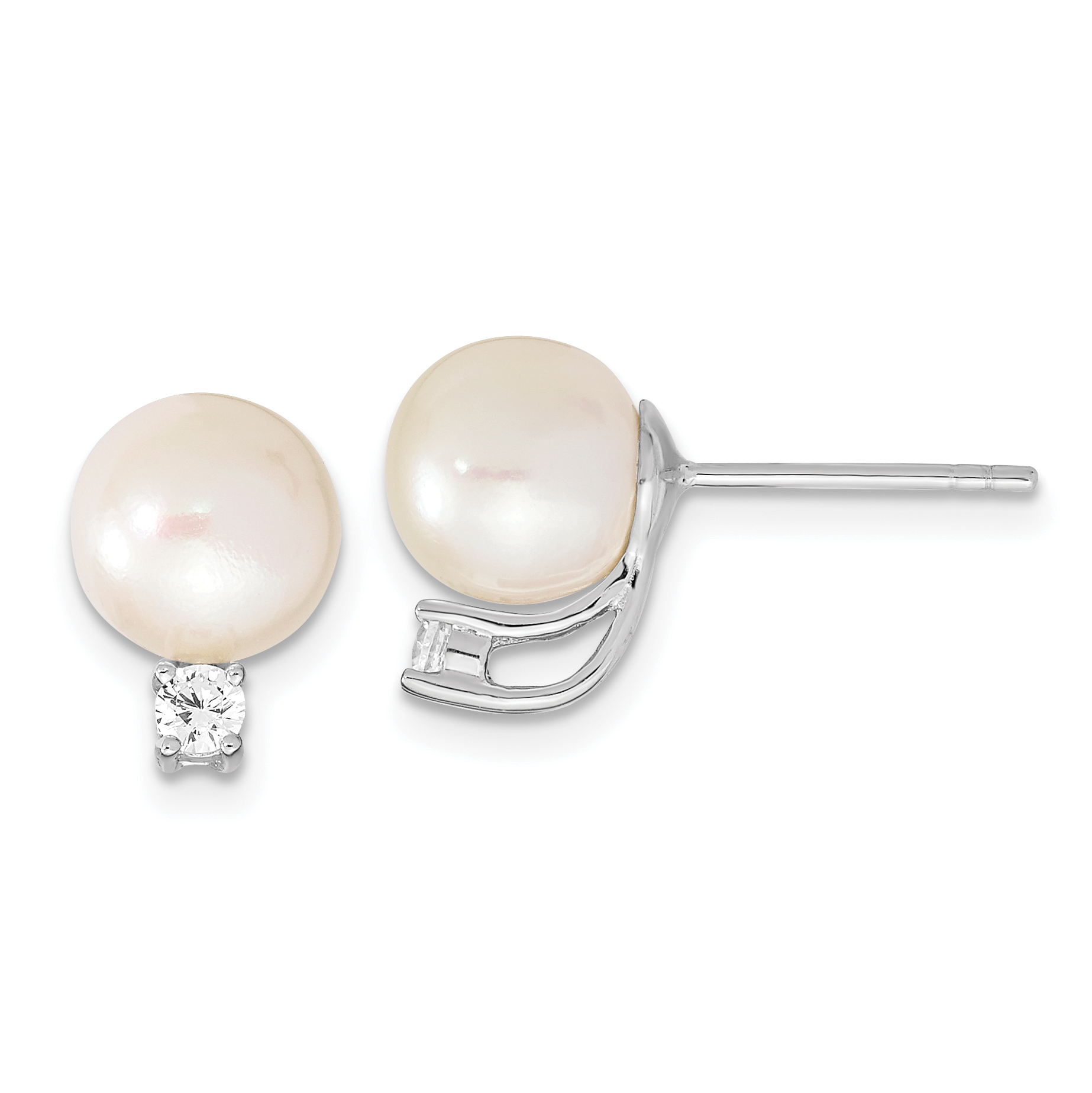 Sterling Silver Rhodium-plated 8-9mm White Semi-Round Freshwater Cultured Pearl and CZ Post Earrings (QE13864)