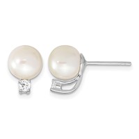 Sterling Silver Rhodium-plated 8-9mm White Semi-Round Freshwater Cultured Pearl and CZ Post Earrings view 1
