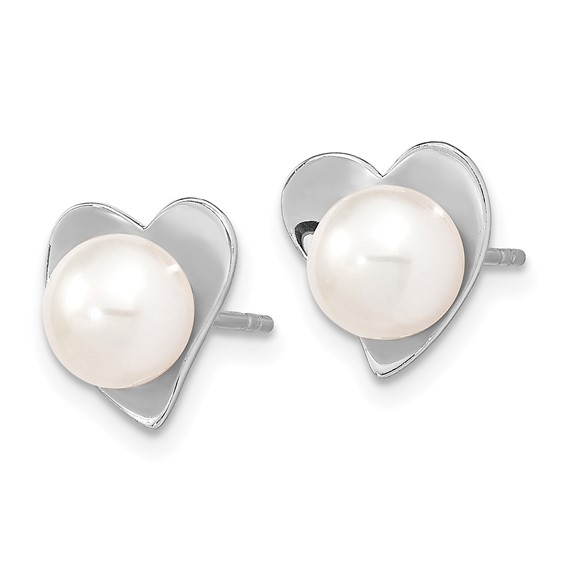 Sterling Silver Rhodium-plated 7-8mm White Button Freshwater Cultured Pearl Heart Post Earrings