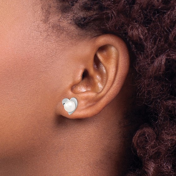 Sterling Silver Rhodium-plated 7-8mm White Button Freshwater Cultured Pearl Heart Post Earrings