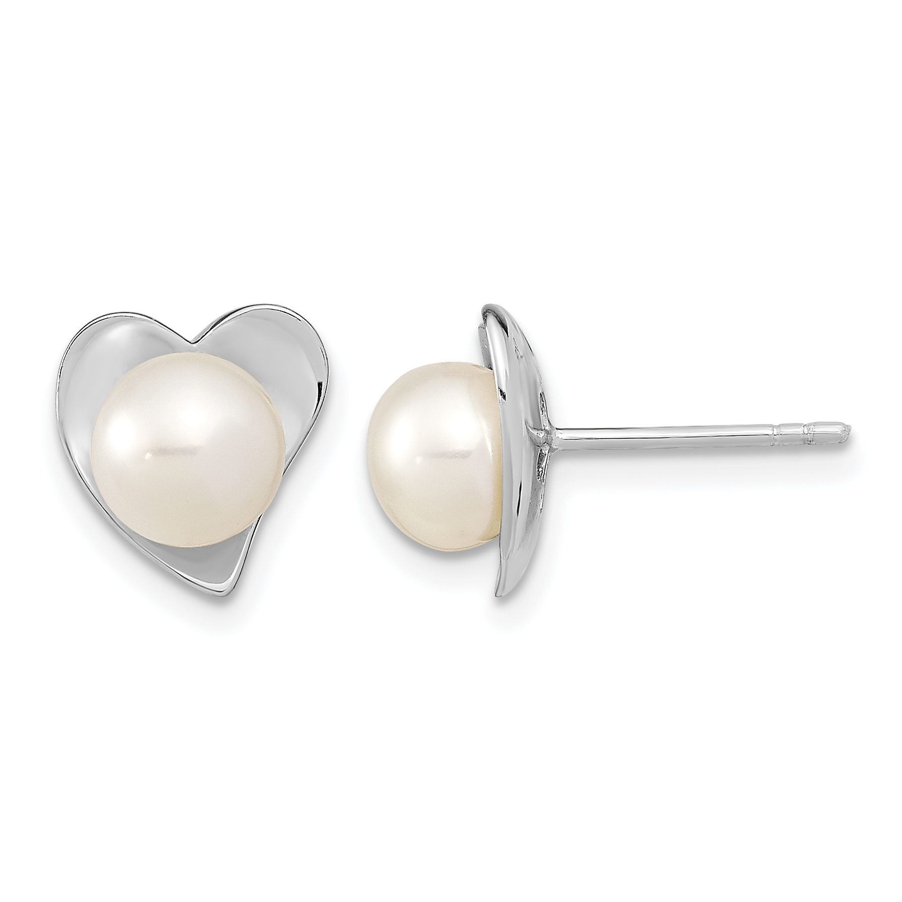 Sterling Silver Rhodium-plated 7-8mm White Button Freshwater Cultured Pearl Heart Post Earrings (QE13865)