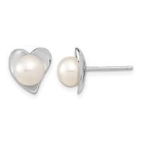Sterling Silver Rhodium-plated 7-8mm White Button Freshwater Cultured Pearl Heart Post Earrings view 1