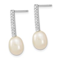 Sterling Silver Rhodium-plated 8-9mm White Rice Freshwater Cultured Pearl and CZ Post Dangle Earrings view 2