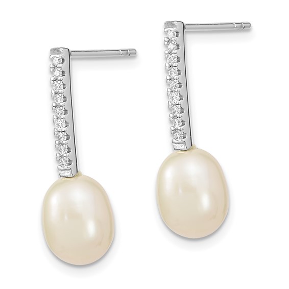 Sterling Silver Rhodium-plated 8-9mm White Rice Freshwater Cultured Pearl and CZ Post Dangle Earrings