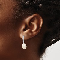 Sterling Silver Rhodium-plated 8-9mm White Rice Freshwater Cultured Pearl and CZ Post Dangle Earrings view 3