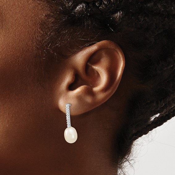 Sterling Silver Rhodium-plated 8-9mm White Rice Freshwater Cultured Pearl and CZ Post Dangle Earrings