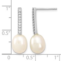 Sterling Silver Rhodium-plated 8-9mm White Rice Freshwater Cultured Pearl and CZ Post Dangle Earrings view 4