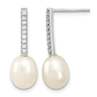 Sterling Silver Rhodium-plated 8-9mm White Rice Freshwater Cultured Pearl and CZ Post Dangle Earrings view 1