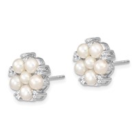 Sterling Silver Rhodium-plated 3-5mm White Button Freshwater Cultured Pearl and CZ Flower Post Earrings view 2