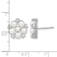 Sterling Silver Rhodium-plated 3-5mm White Button Freshwater Cultured Pearl and CZ Flower Post Earrings view 4