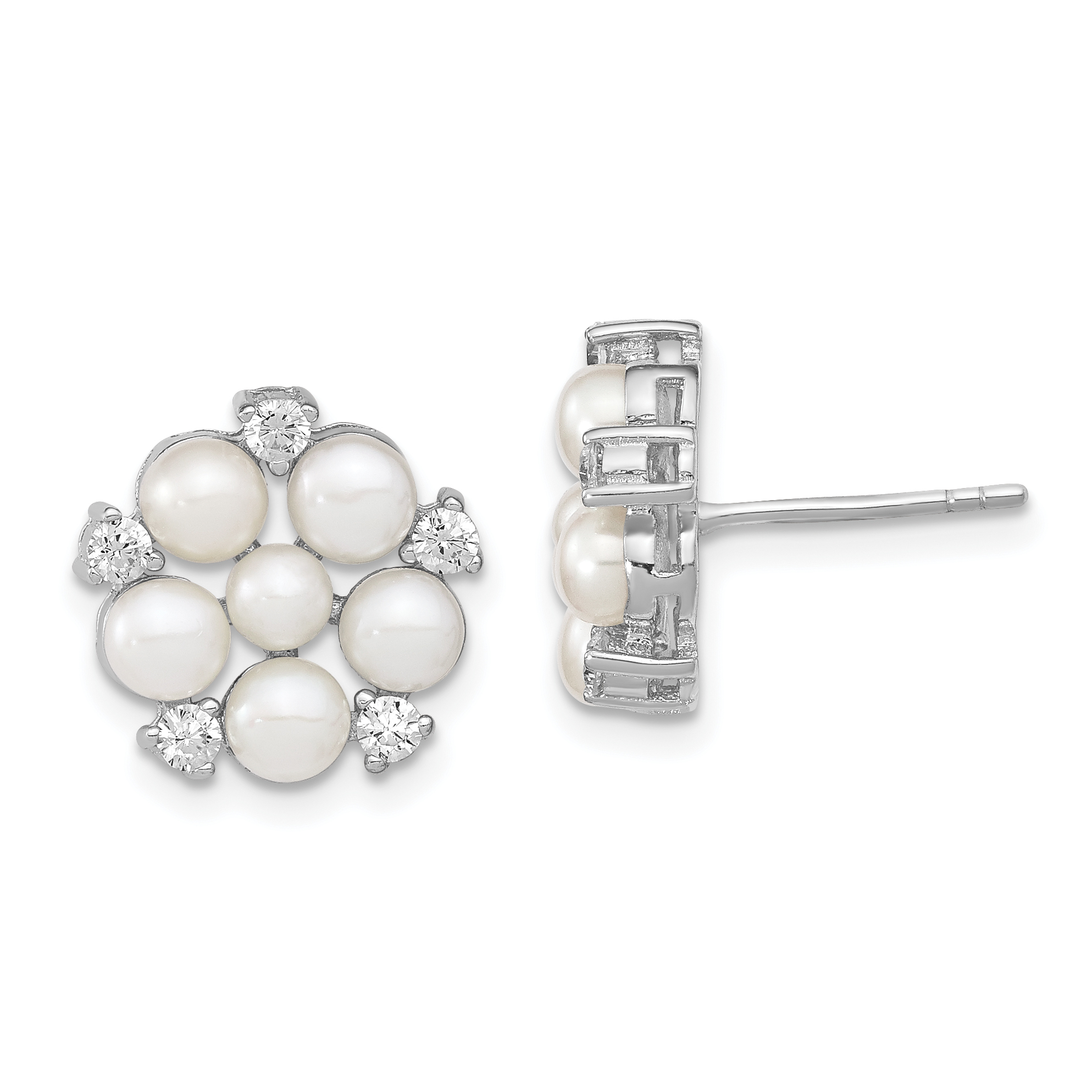 Sterling Silver Rhodium-plated 3-5mm White Button Freshwater Cultured Pearl and CZ Flower Post Earrings (QE13869)