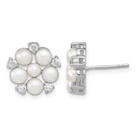Sterling Silver Rhodium-plated 3-5mm White Button Freshwater Cultured Pearl and CZ Flower Post Earrings view 1