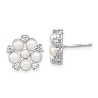 Sterling Silver Rhodium-plated 3-5mm White Button Freshwater Cultured Pearl and CZ Flower Post Earrings
