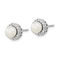 Sterling Silver Rhodium-plated CZ Synthetic Pearl Post Earrings view 2