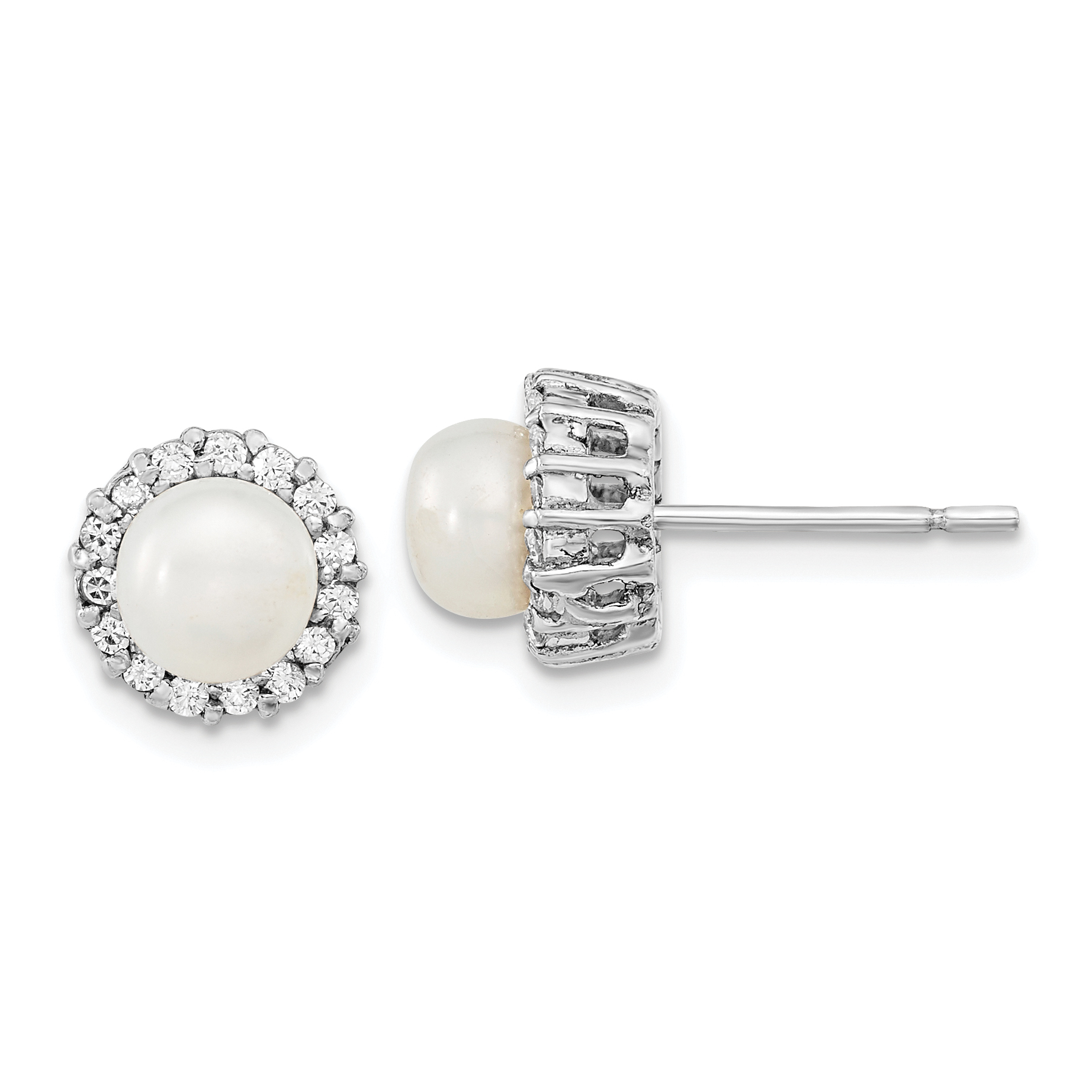 Sterling Silver Rhodium-plated CZ  Synthetic Pearl Post Earrings (QE13870)