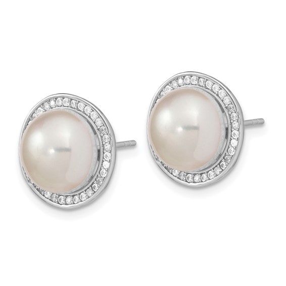 Sterling Silver Rhodium-plated 10-11mm White Button Freshwater Cultured Pearl and CZ Post Earrings