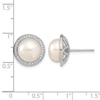 Sterling Silver Rhodium-plated 10-11mm White Button Freshwater Cultured Pearl and CZ Post Earrings view 4