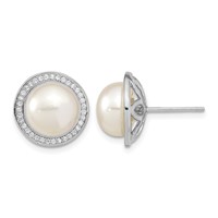 Sterling Silver Rhodium-plated 10-11mm White Button Freshwater Cultured Pearl and CZ Post Earrings view 1
